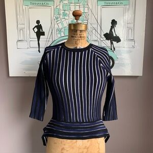 Johnathan Simkhai Navy Striped Wool High Low Sweater, Small